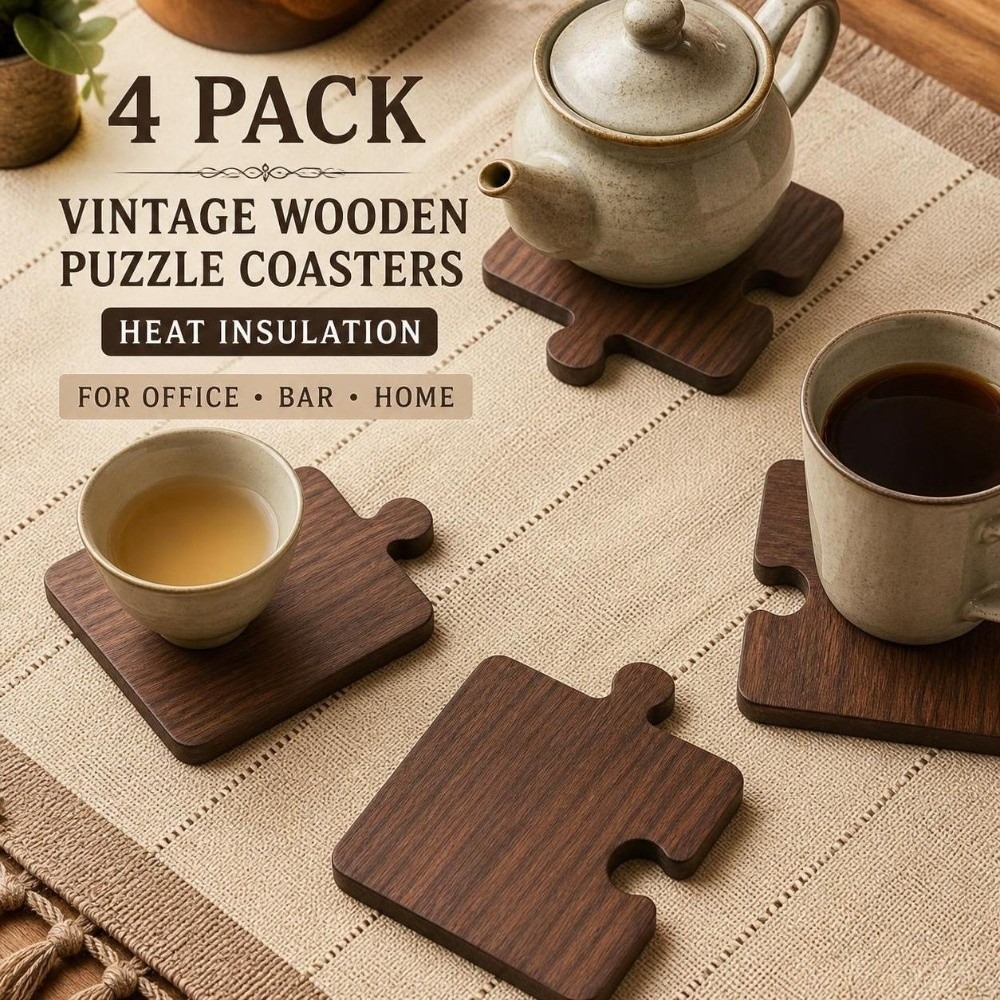 Woodworking Game - 4-teiliges Vintage-Holzuntersetzer-Set, hitzebeständig, Weihnachtsdekoration, Baustein-Untersetzer, rutschfeste