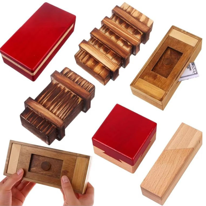 Woodworking Game - Holzpuzzle-Box mit Geheimfach, kniffliger Denkspiel-Rätsel mit
